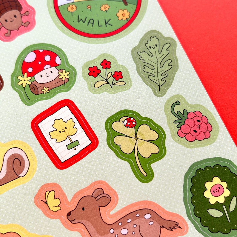 Take a Walk Sticker Sheet nature hiking animal outdoors outside plants mushroom flora fauna forest deer chipmunk leaf flower hike image 2