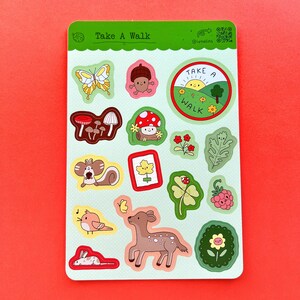 Take a Walk Sticker Sheet nature hiking animal outdoors outside plants mushroom flora fauna forest deer chipmunk leaf flower hike image 1