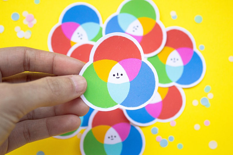 May include: A set of colourful stickers featuring a stylised face with a happy expression. Each sticker is a circle divided into four sections, with each section a different colour: red, orange, yellow, green, blue, and pink. The stickers are arranged in a semi-circle on a yellow background.