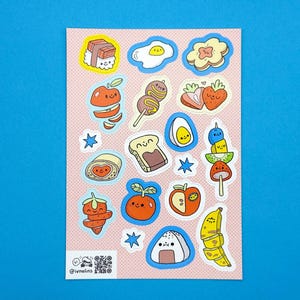 Cute Foods Sticker Sheet Foodie Kawaii Snacks Grocery Items Treats Cooking Baking Drawings Meal Prep Planning Recipe Fruit Bread Sushi