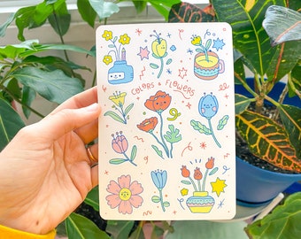 Colors & Flowers Sticker Sheet - Pastel Garden Friends - Daisy, Poppy, Spring Buds - Greenhouse, House Plants