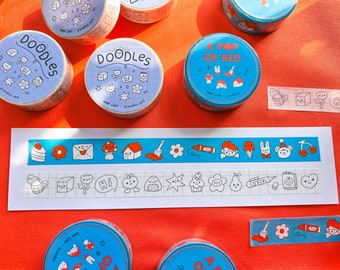 Doodles & A Pop of Red Washi Tape - (artist painter cute drawings accent color teal turquoise black and white removable masking kawaii)