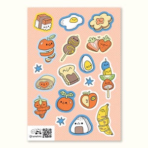 Cute Foods Sticker Sheet Foodie Kawaii Snacks Grocery Items Treats Cooking Baking Drawings Meal Prep Planning Recipe Fruit Bread Sushi