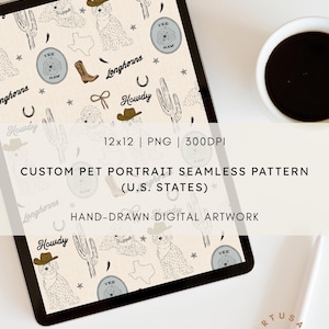 May include: A digital tablet shows a custom pet portrait seamless pattern. The design features a beige background with illustrations of dogs, cowboy hats, boots, cacti, and the text "Longhorns" and "Howdy". The pattern is 30.5 x 30.5 cm.