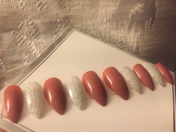 Holographic white and mauve/pink Almond shape press on nails