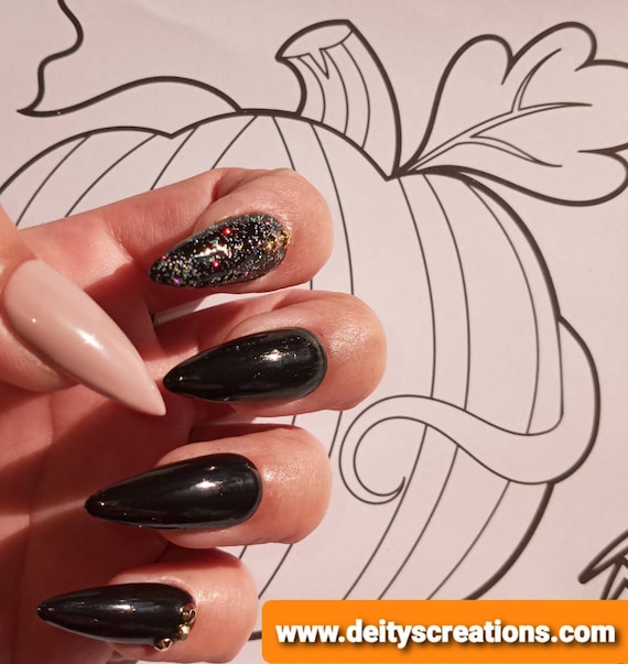 halloween Beige black n Holographic glitter gothic witchy stiletto press on acrylic Nails