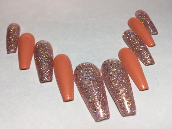 Orange Coral and Rose-gold Holographic glitter Press on nails hand painted uv gel reusable nails / false nails