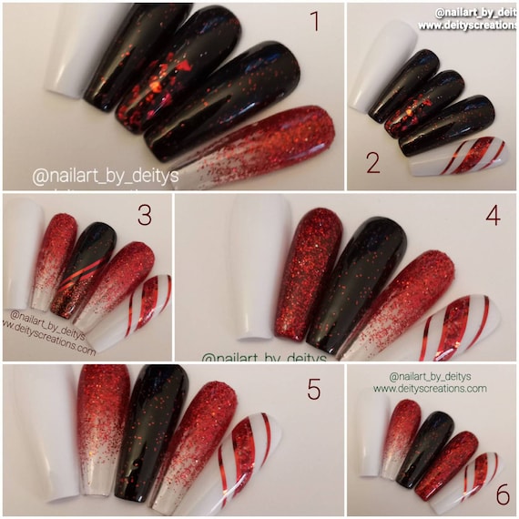 Christmas black  white and red glitter candy  cane press on acrylic Nails holiday nails