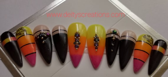 420 neon florescent and black strip candy colored halloween gothic press on nails