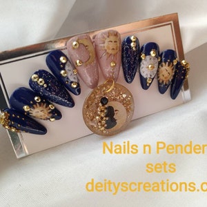 Conjunto de unhas postiças com pingente de lua e sol/roda do zodíaco, bruxa celestial de Halloween! Unhas de acrílico, unhas de luxo,