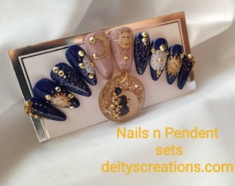 Celestial Sun Moon Press On Nails with Matching Pendant | Navy Blue Gold Luxury Set