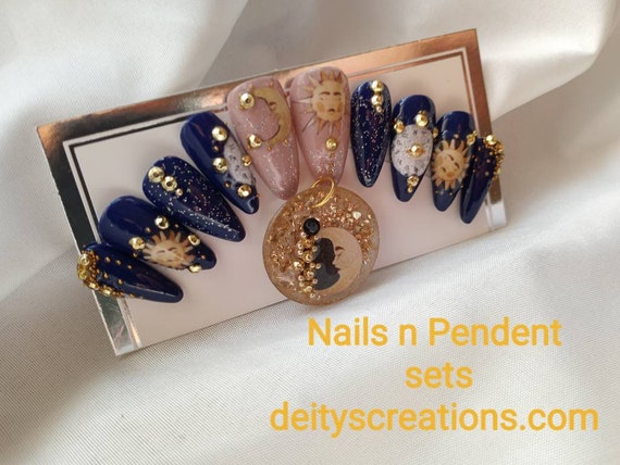 Sun Moon/ Zodiac wheel celestial witchy halloween press on nails with moon pendant set! acrylic nails,  luxury nails,