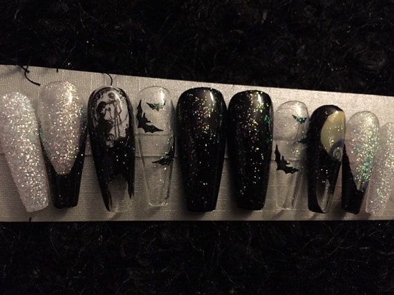 The nightmare before Christmas bats n gothic halloween Press on nail set acrylic  gel luxury nails