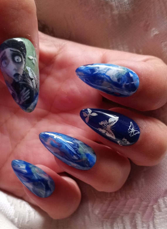 The corpse bride Emily n Victor  Gothic summer silver butterfly luxury Press On Nails come in any shape and length