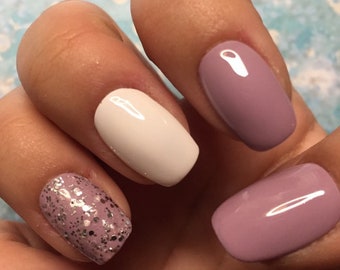 Mauve Glitter Press On Nails, Short Square Acrylic Gel Nail Set