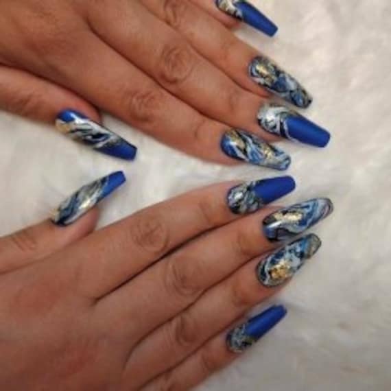 Dark sea/ocean  blue marble n gold beach wave white sea foam summer press on nails acrylic nails gel nails