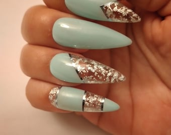 Cyan summer and clear void with silverleaf luxury presson nails can come in any shape n length