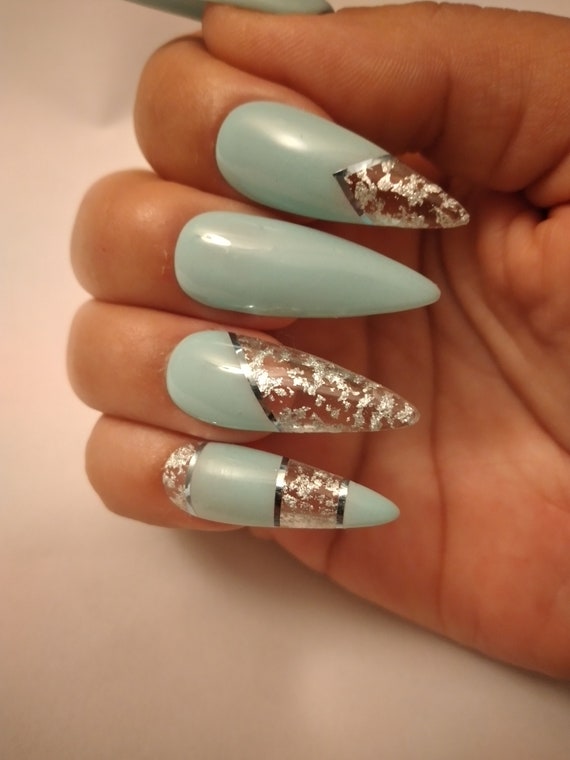 Cyan summer and clear void with silverleaf luxury presson nails can come in any shape n length