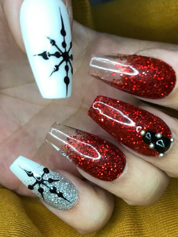 White with Red glitter n black snowflake luxury acrylic/gel press on nails