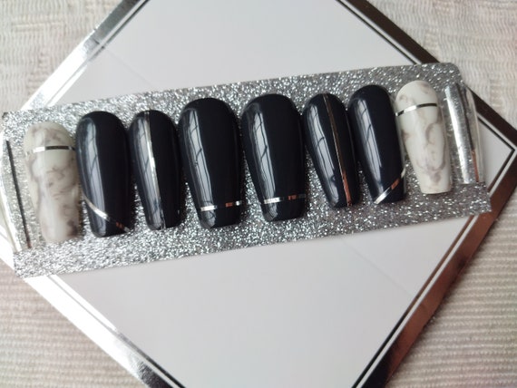 Dark Grey /white marble with silver linework, medium ,Square, shape Press on Nails