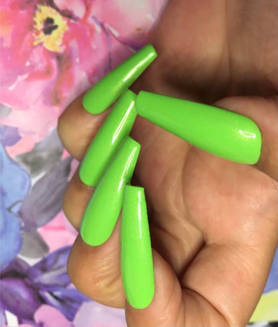 Neon summer lime green long ballerina/coffin luxury acrylic/gel press on nails