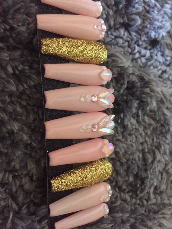 Pastel Pink ballerina Soft Baby Pink and Gold glitter and iridescent crystals Press on nails in ballerina shape.