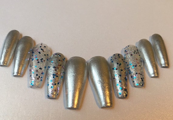 Silver chrome disco  and blue glitter Press on nails hand painted uv gel false reusable nails