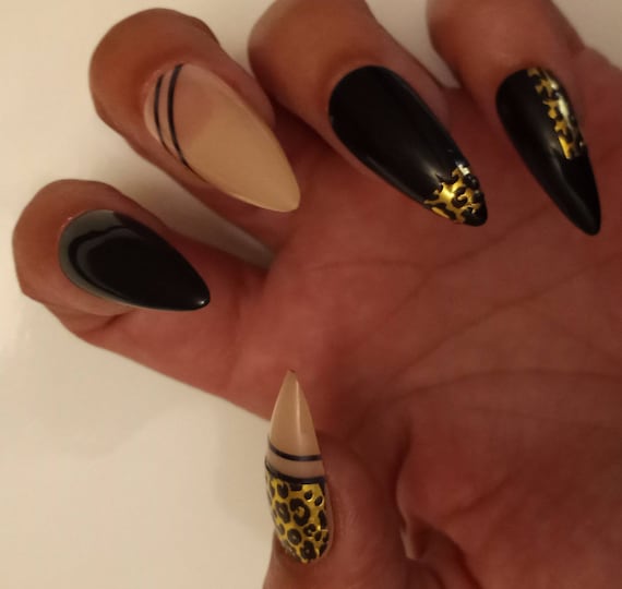 Black /Gold and nude leopard print luxury press on nails come in any shape and length