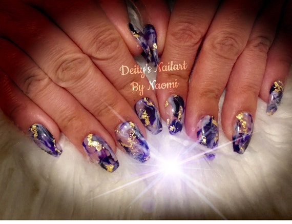 Purple amethyst and Gold flake, Crystal inspired press on nails Gemstone nails, geode nails  and more