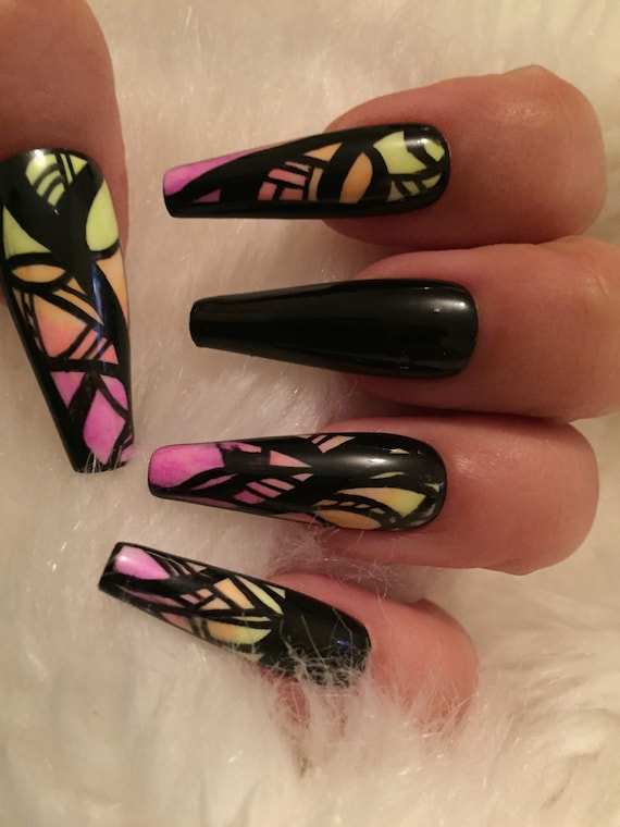 Tribal Press On Nails: Neon Yellow, Orange, and Pink Acrylic Gel Nails