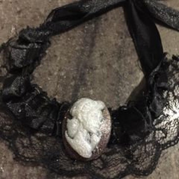 Gothic cameo lace choker Halloween necklace with sugar skull and owl