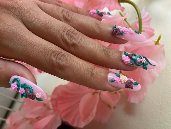 3D Roses, butterfly,Snake Press-On Nails | Fantasy Handmade Nail Art