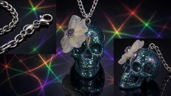 Gothic  Skull Necklace with Rose, Goth Resin Pendant
