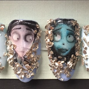 The Corpse bride  blue  oval Halloween press on nails hand painted uv gel nails