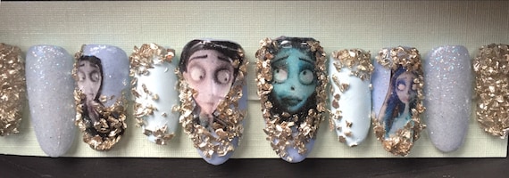 The Corpse bride  blue  oval Halloween press on nails hand painted uv gel nails