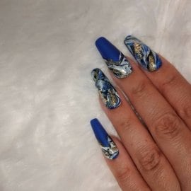 White N Blue Geode /gold Flake Press on Nails 