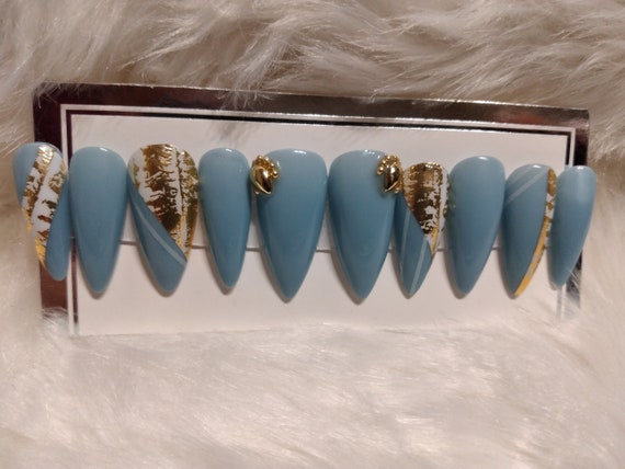 Seafoam Blue-Green and white/gold marble press on Nails