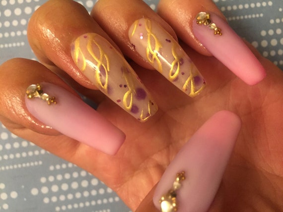 Spring n summer Pink n Purple with Nude and Gold detail press on nails