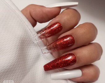 White n red glitter Christmas press on nails gel nails acrylic nails nail sets luxury press on nails