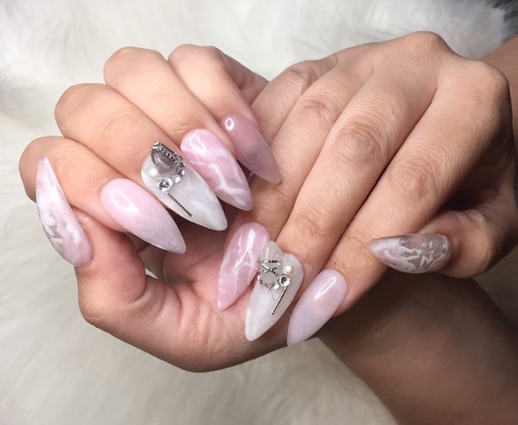 Real Rose quartz n milky white marble summer press on nails can come in any shape length or stone design