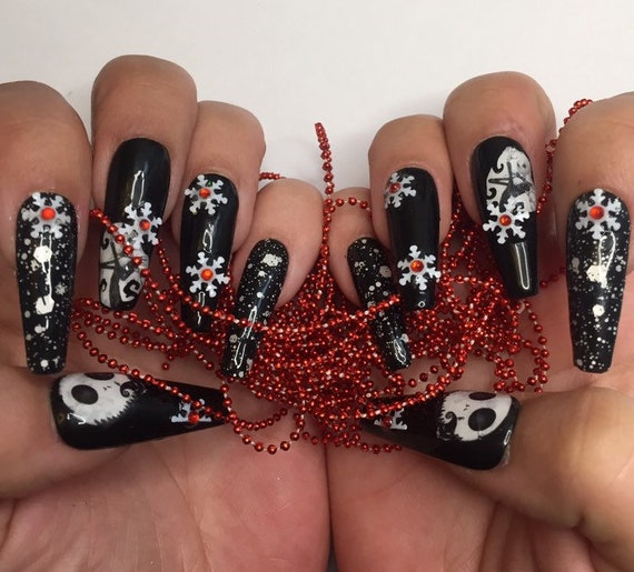Jack skellington the nightmare before Christmas black and white snowflake gothic skull design with red gems press on nails
