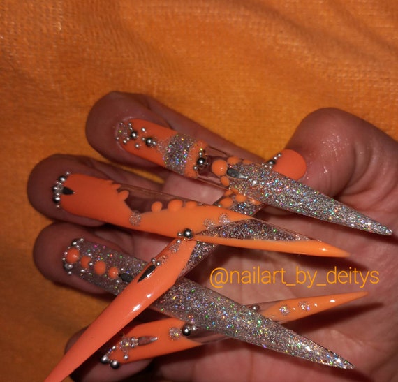 Orange disco xxxl stiletto colour change glow in the dark yellow holographic glitter acrylic press on nails show nails drag queen nails