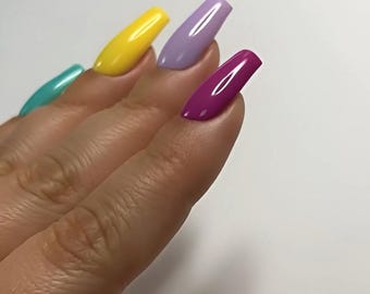 Handgeschilderde persnagels, veelkleurige zomerse acrylgelnagels