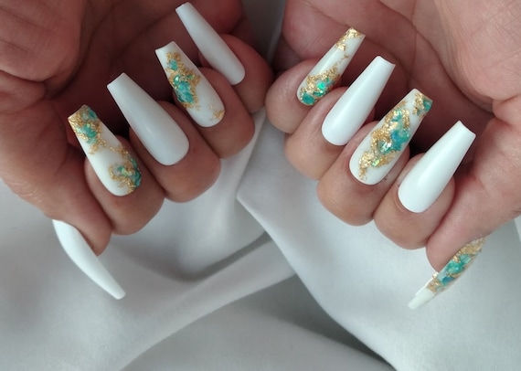 White/Aqua and Gold flake Geode gem nails press on nail/artificial nails
