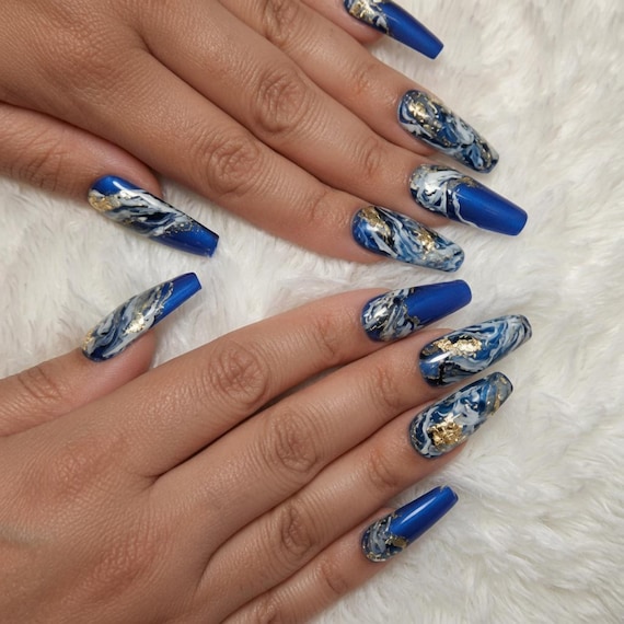 Handmade Blue Marble Press On Nails with Gold Beach Wave