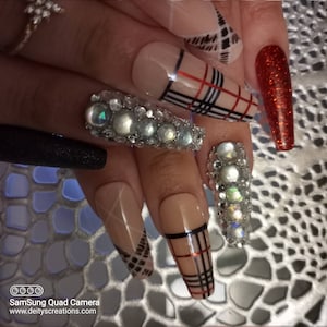 Christmas Tartan Press on Nails acrylic/gel luxury nails. Red n black glitter and bling plaid nails