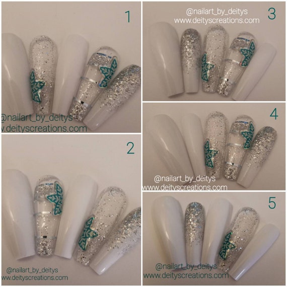 Teal Christmas snowflake and silver glitter white press on acrylic nail sets