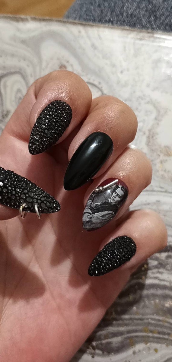 Sweeney Todd black bubble effect pierced press on nails