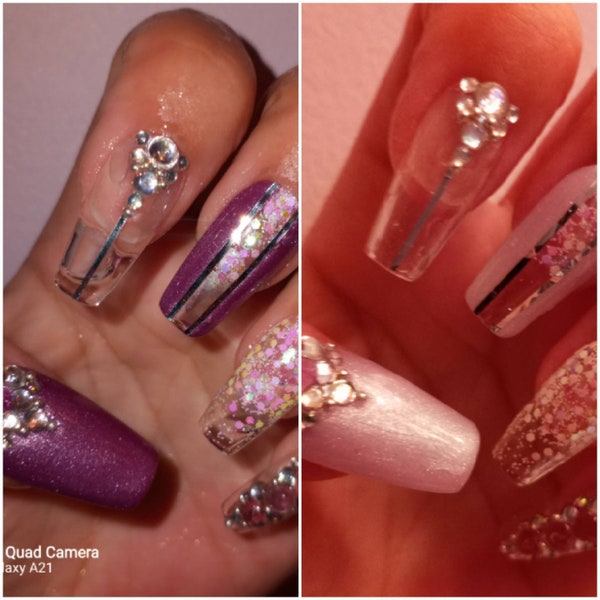 Colour changing lilac and sliver and while and purple lilac glitter press on acrylic Nails