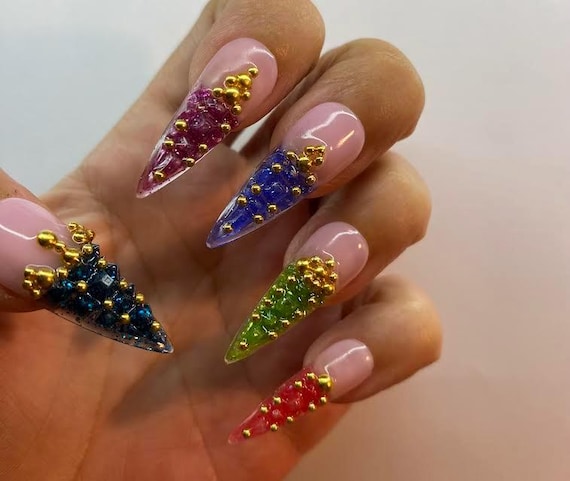 3D Royal Jelly Gem french tip Press-On Nails w Gold Ball Accents 3D Medium Stiletto Nails  Handmade Nail Art Set